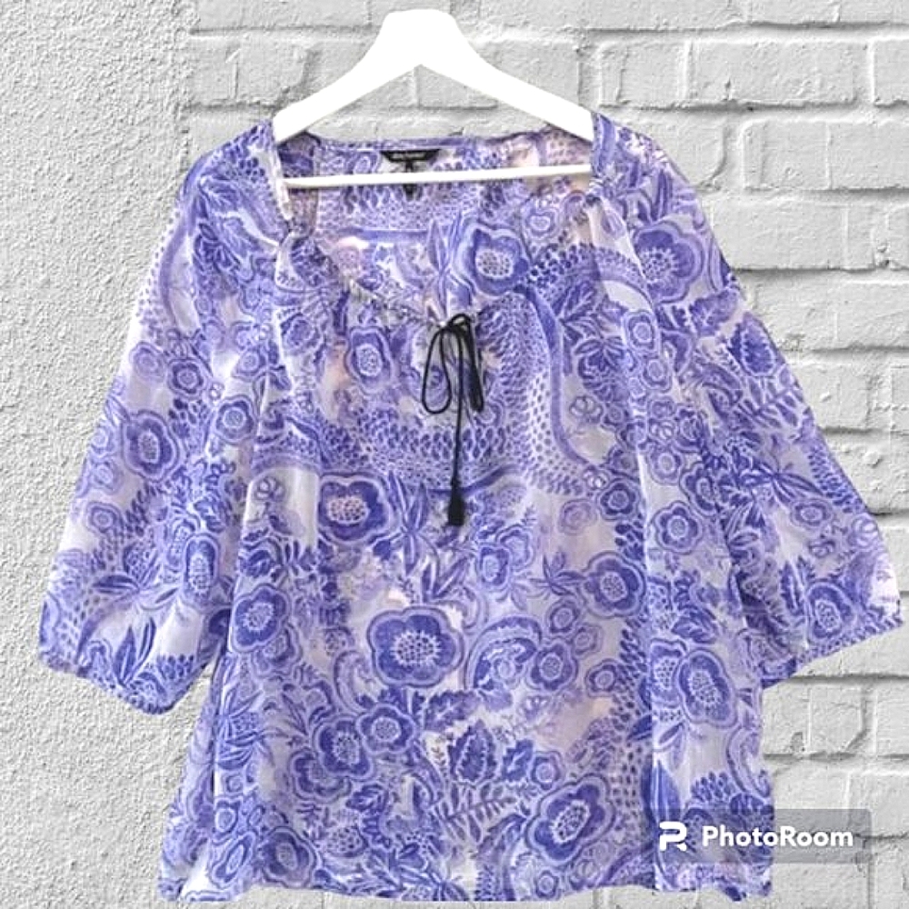 Daisy Fuentes 2X Blouse Top Sheer Purple & White Floral Peasant